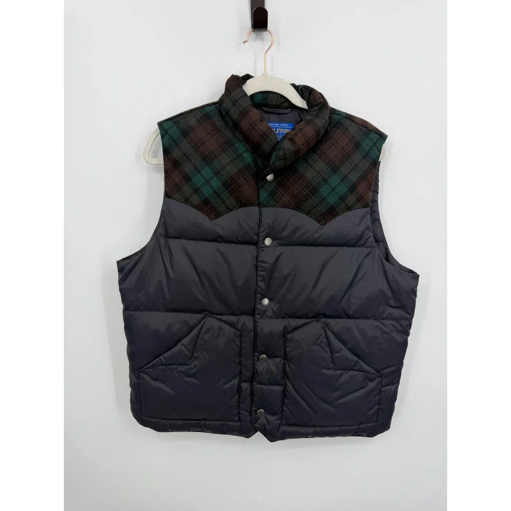 Pendleton‎ Wool Yoke Puffer Vest Mens Medium Navy Blue Plaid Down Filled Western